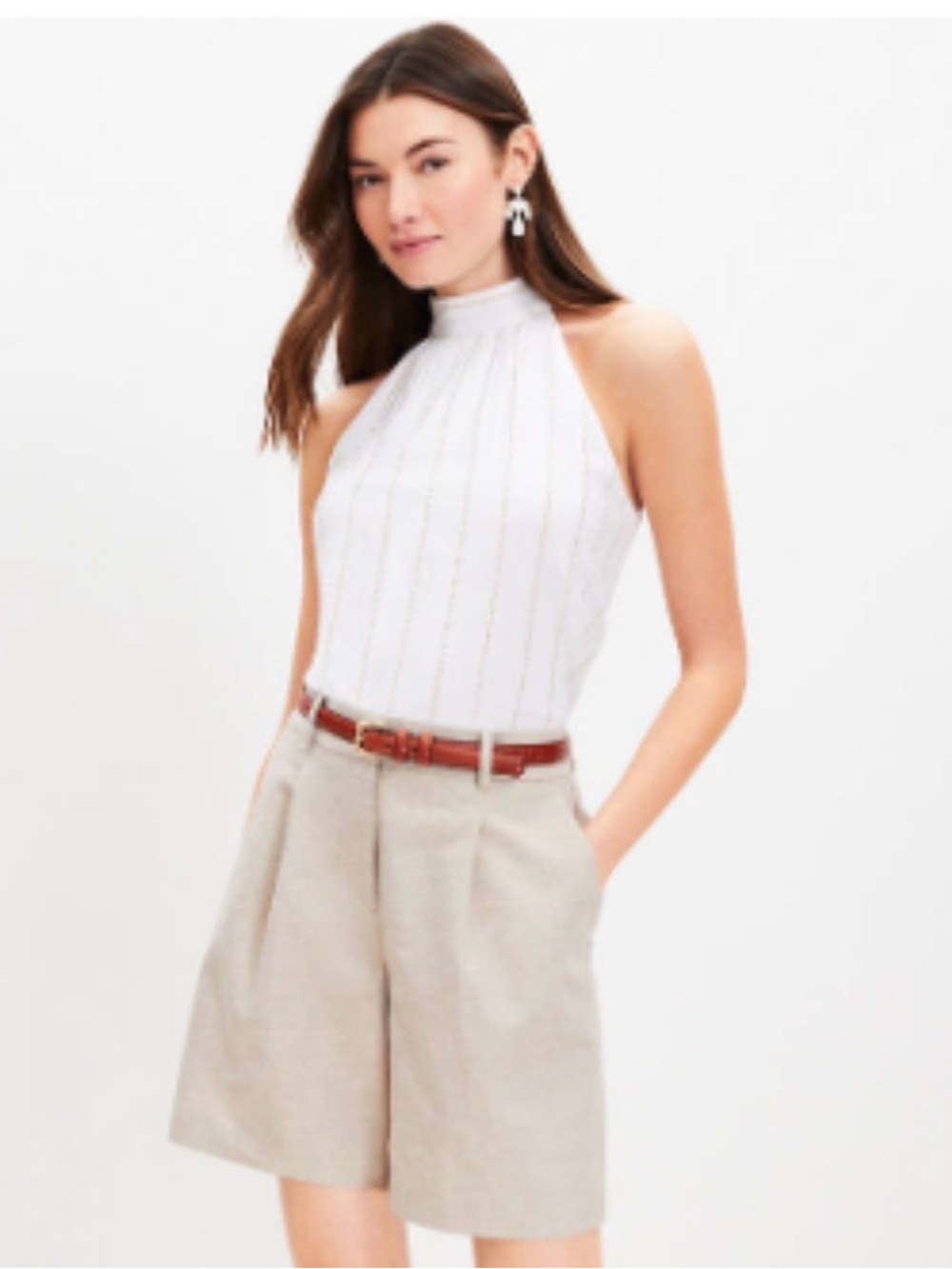 LOFT Shimmer Stripe Crinkle Bow Back Halter in Ivory and Gold, size XL